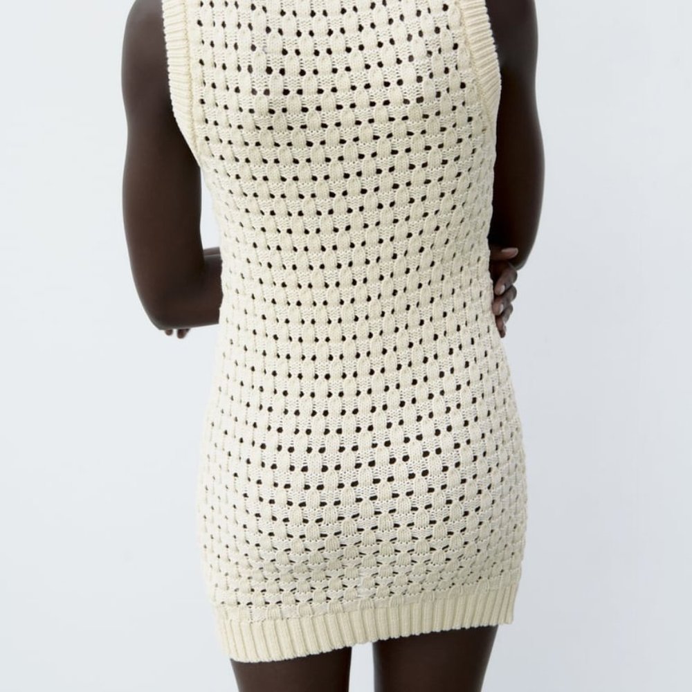 NWT ECRU BEIGE CREAM OPENWORK KNIT MINI DRESS. - Picture 5 of 8